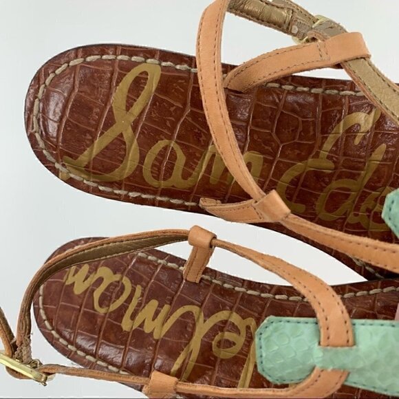Sam Endelman Gigi sandals size 6 37 tan green snakeskin print leather t-strap - Picture 11 of 14